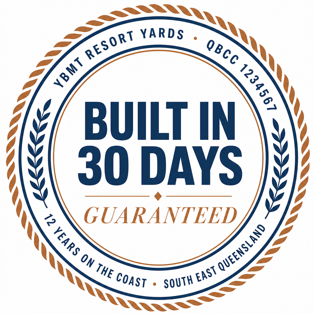Built in 30 Days · Guaranteed · YBMT Resort Yards · QBCC 1234567