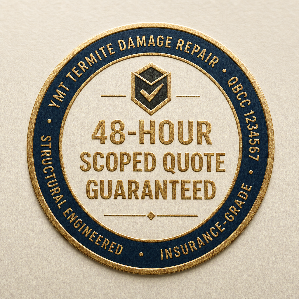 48-Hour Scoped Quote · Guaranteed · YBMT Termite Damage Repair · QBCC 1234567